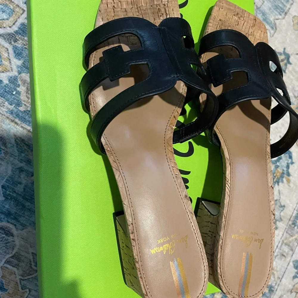 Sam Edelman Black Slide Sandals with Cork Block Heel - Picture 1 of 4